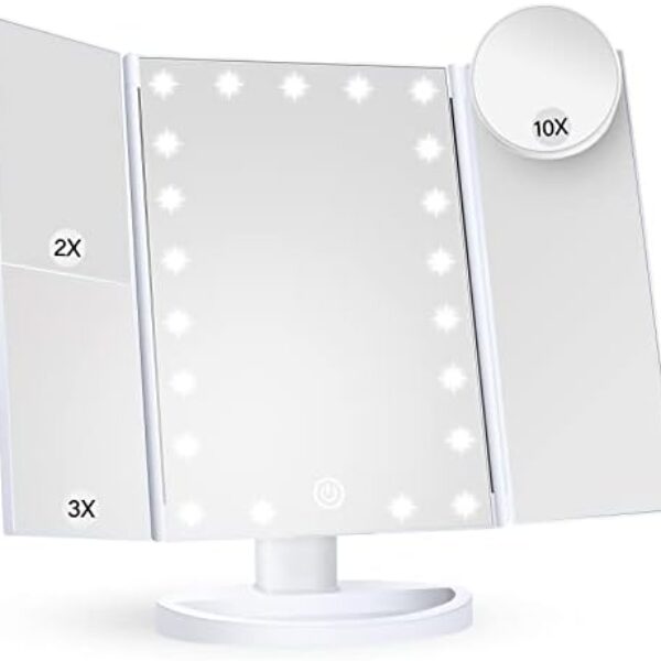 Makeup Mirror Vanity Mirror with Lights, 2X 3X 10X Magnification, Lighted Makeup Mirror, Touch Control, Trifold Makeup Mirror, Dual Power Supply, Portable LED Makeup Mirror, Women Gift (White)
