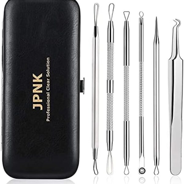 JPNK Blackhead Remover Tool Comedones Extractor Acne Removal Kit for Blemish, Whitehead Popping, 6 Pcs Zit Removing for Nose Face Tools with a Leather Bag